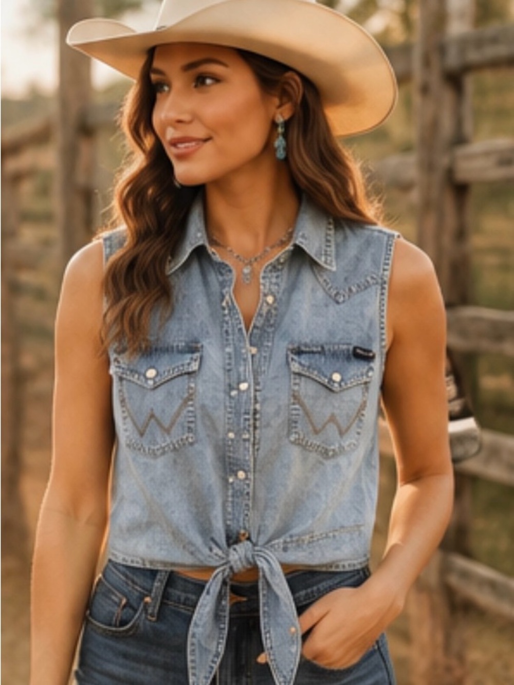 Wrangler Retro Women’s Denim Pearl Snap Tie Vest Top – Size Large